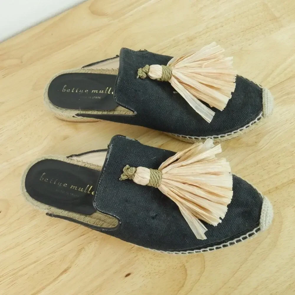 Bettye Muller Mules Espadrille Sandals Rabat Tassel Beach Resort 38 8 Black - Picture 2 of 11